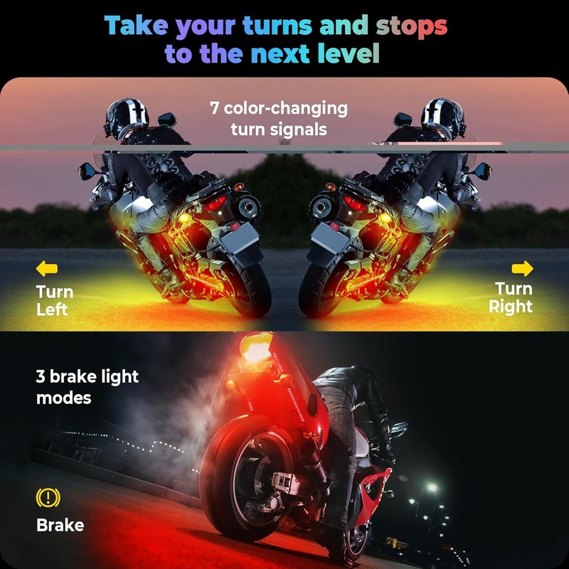 DITRIO 8Pcs Motorcycle Led Underglow Kit with Brake Turn Signal, Motorcycle RGB Lights with APP/RF Remote Control, Dual Zone,12V Waterproof Pixelglow Effects for Motorcycles, Golf Carts, ATVs, UTVs - Image 4